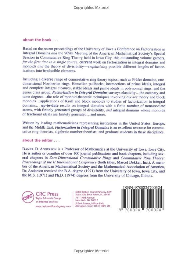 Factorization in Integral Domains: 189 (Lecture Notes in Pure & Applied Mathematics) view 3