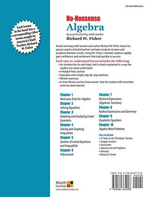 No-Nonsense Algebra by Richard W. Fisher | Math Essentials view 3