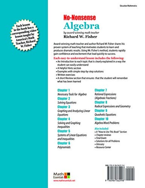 No-Nonsense Algebra by Richard W. Fisher | Math Essentials view 4