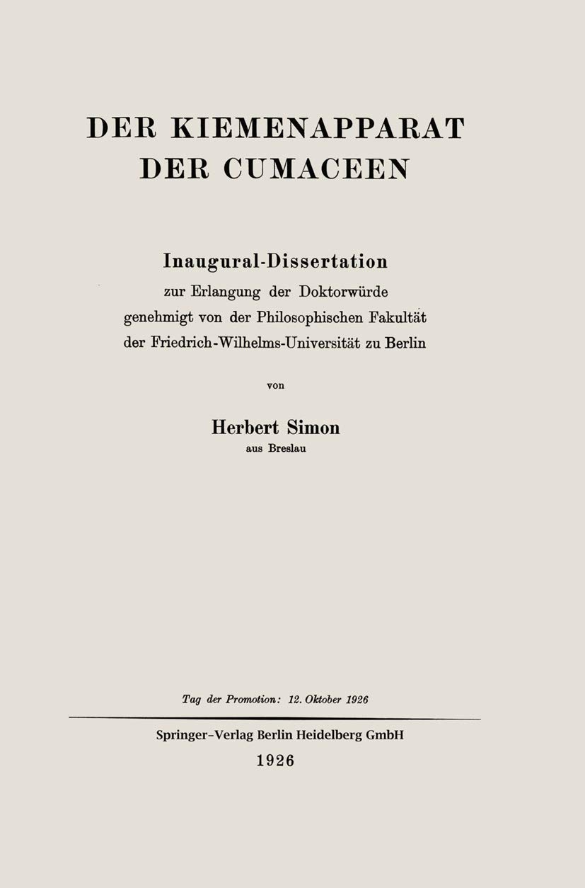 Buy Der Kiemenapparat der Cumaceen: Inaugural-Dissertation by Herbert Simon | Springer-Verlag | 1926 Hardcover | German-Language Anatomy Textbook — BookShops.in