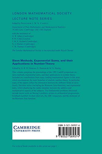 Buy Sieve Methods, Exponential Sums, and their Applications in Number Theory: Proceedings of a Symposium Held on Cardiff, July 1995 by G. R. H. Greaves, G. Harman (Cambridge University Press, English, Hardcover, 1997) – Higher Education Mathematics Text — BookShops.in